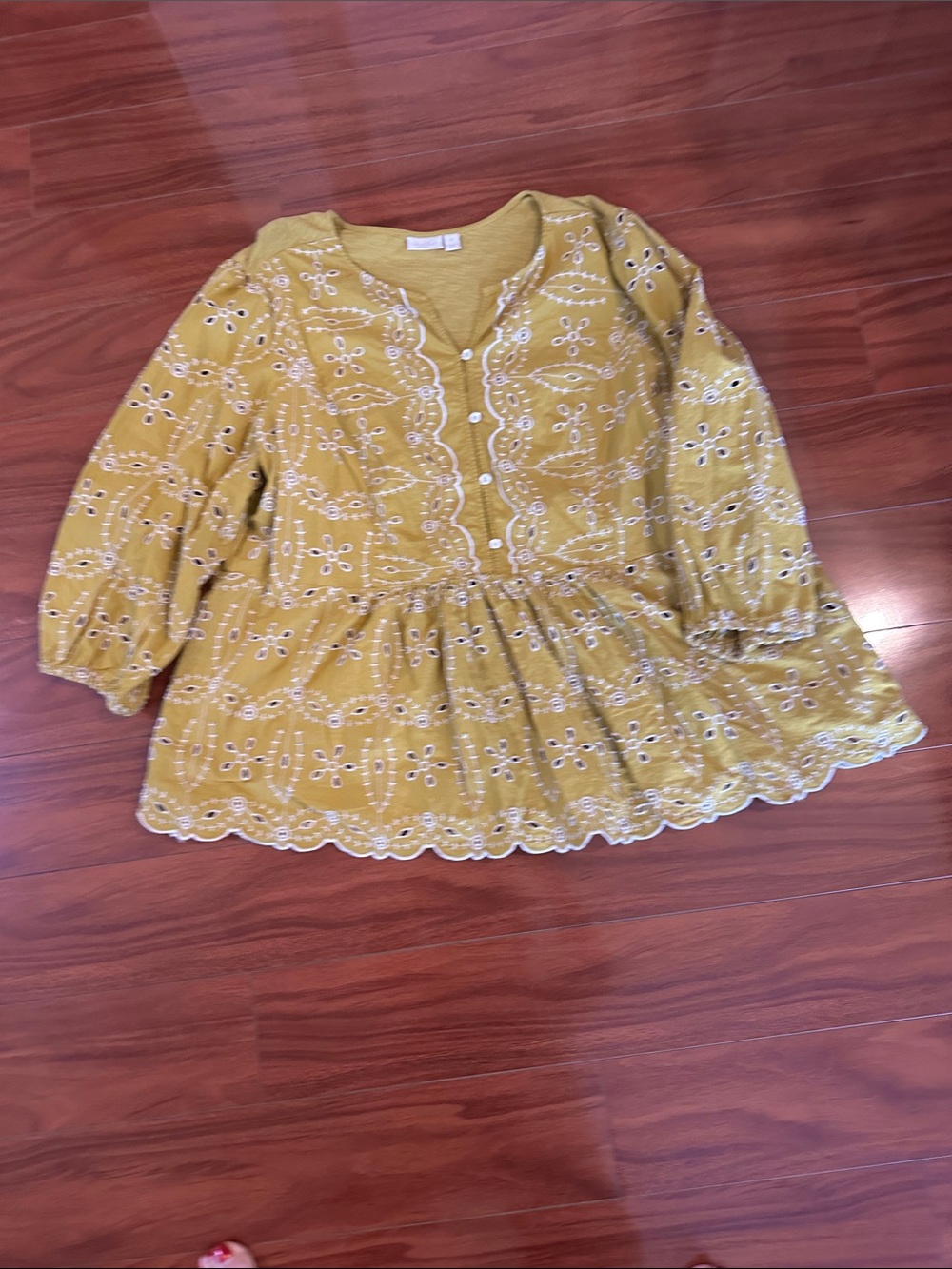 LOGO by Lori Goldstein Mustard Yellow Eyelet Peplum Blouse - Picture 1 of 2